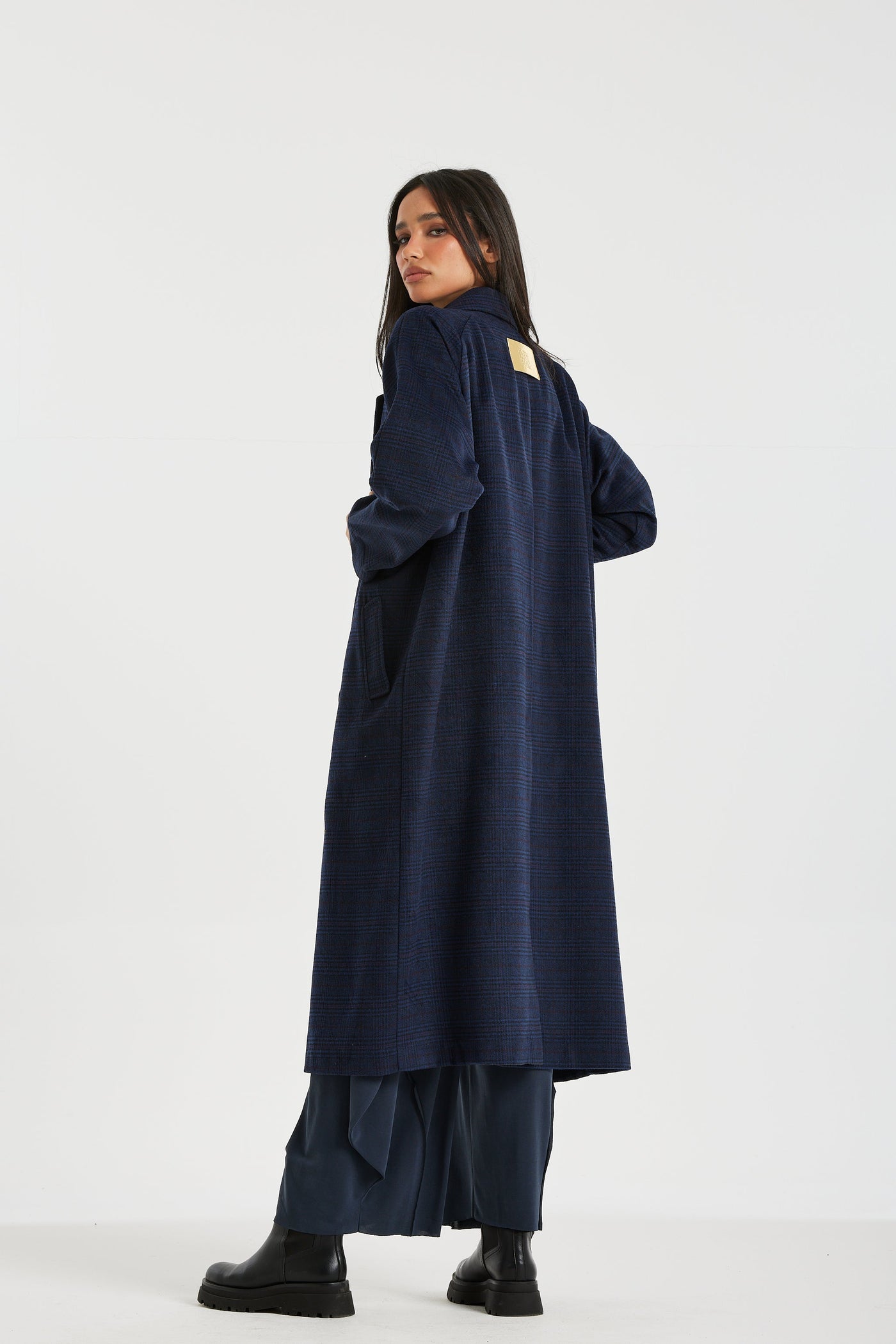 Oversize Checker Navy Coat