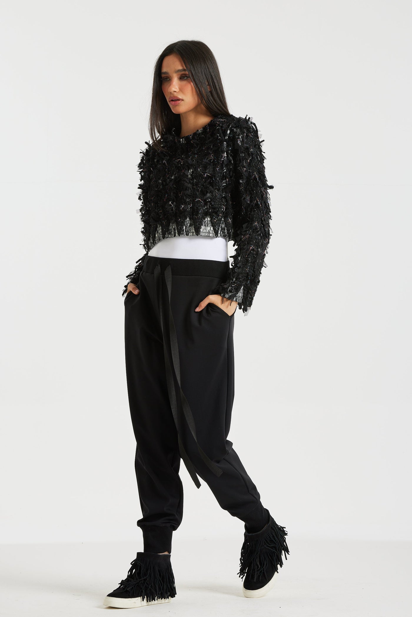 Black fringes cropped top