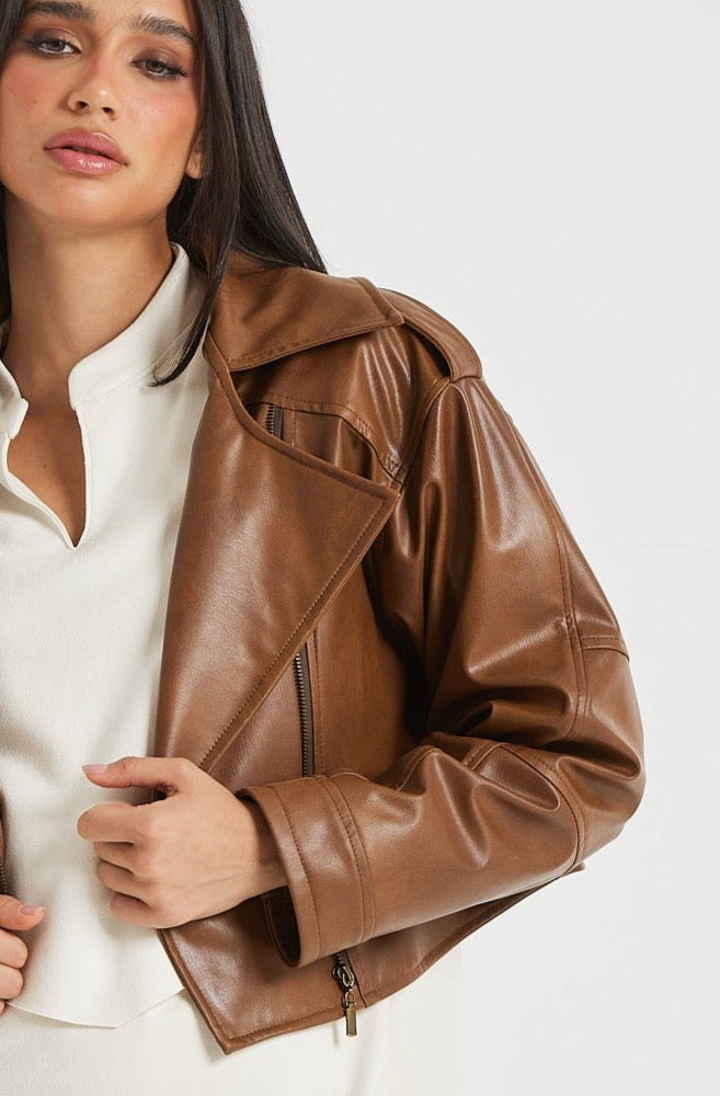 Oversize Biker Camel Leather Jacket