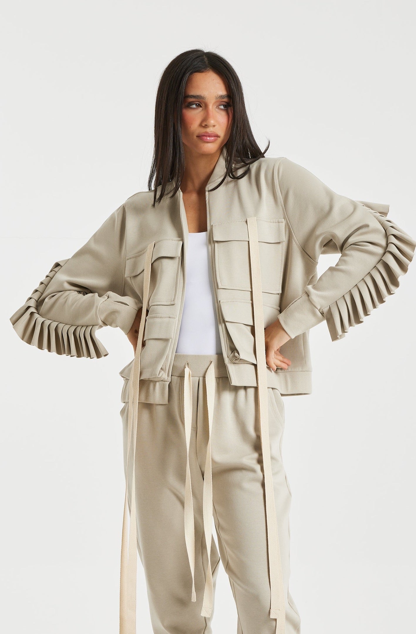 Cargo Jacket with Pleated Sleeves In Greage