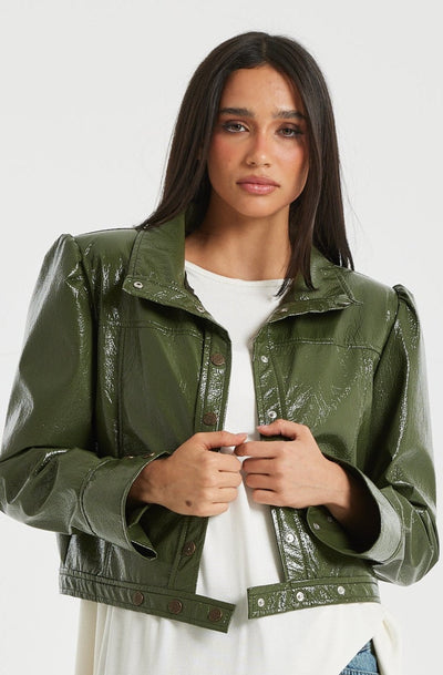 Puffed shoulders leather jacket