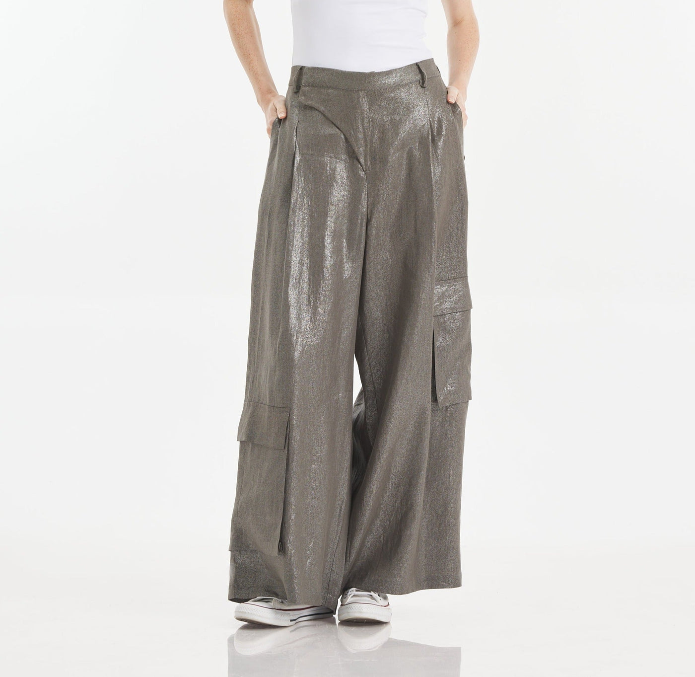 Shiny Grey Linen Cropped Cargo Pants
