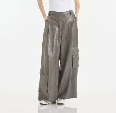 Shiny Grey Linen Cropped Cargo Pants