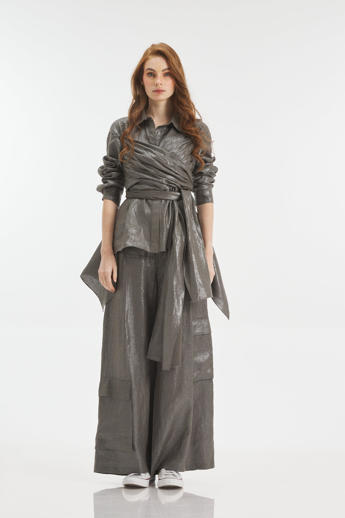 Shiny Grey Linen Cropped Cargo Pants