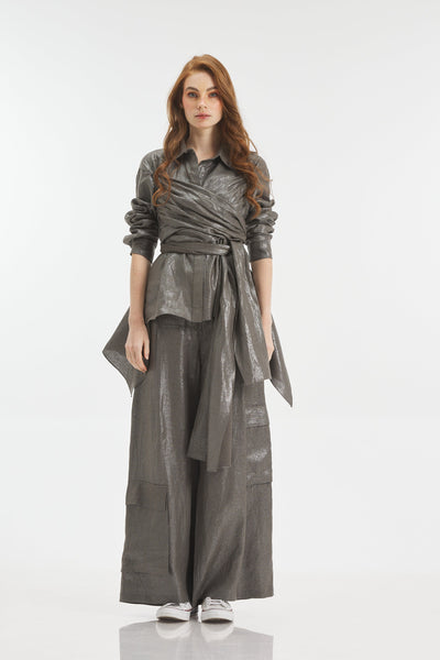 Shiny Grey Linen Cropped Cargo Pants