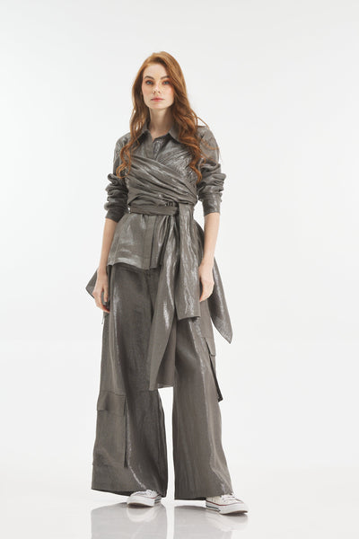 Shiny Grey Linen Multiway Asymmetrical Shirt