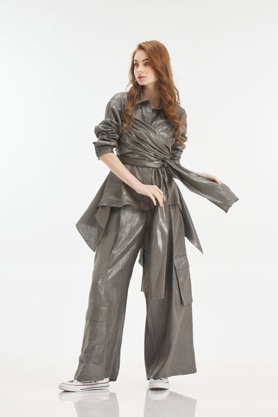 Shiny Grey Linen Multiway Asymmetrical Shirt