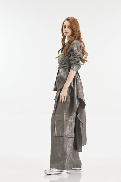 Shiny Grey Linen Multiway Asymmetrical Shirt