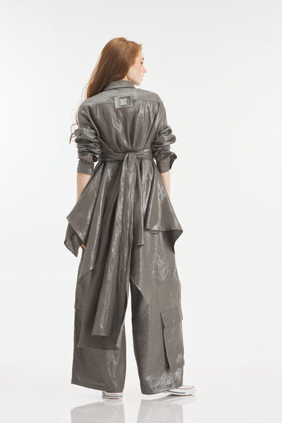 Shiny Grey Linen Multiway Asymmetrical Shirt