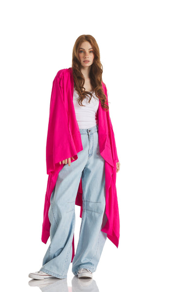 Patchwork Linen Cardigan In Fuchsia