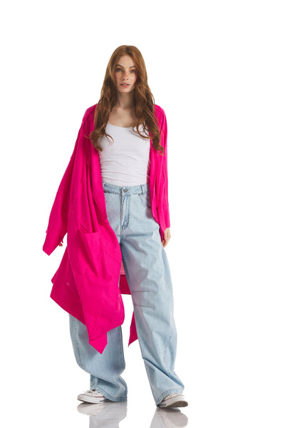 Patchwork Linen Cardigan In Fuchsia