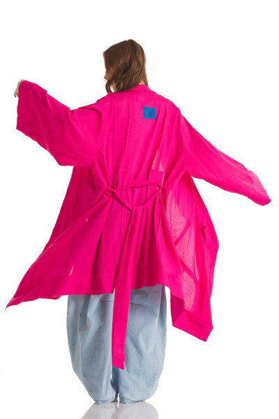 Patchwork Linen Cardigan In Fuchsia
