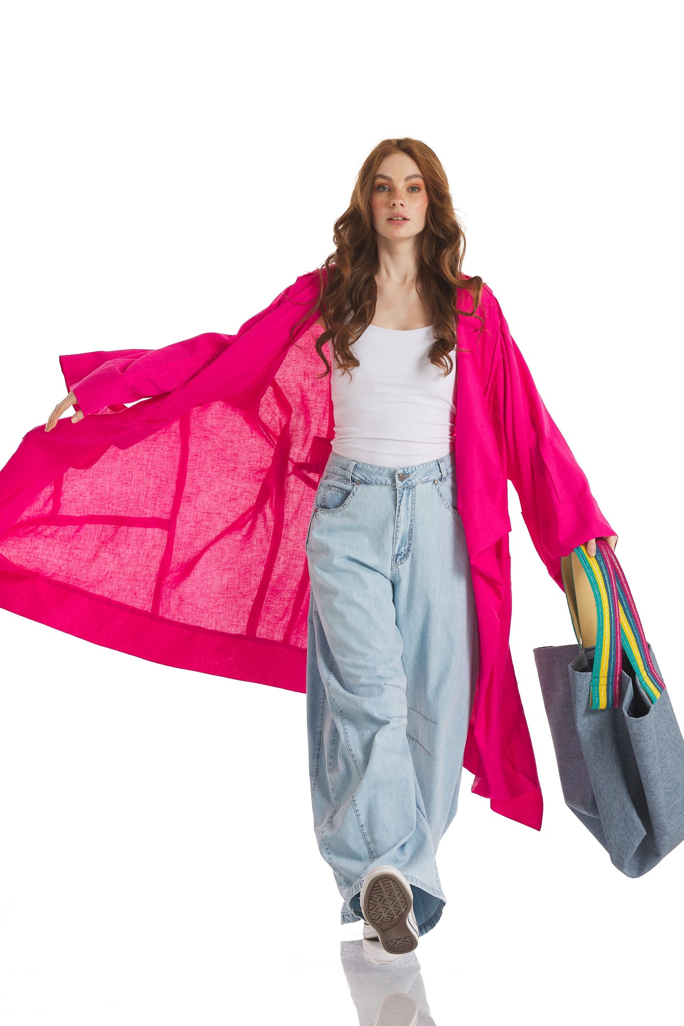 Patchwork Linen Cardigan In Fuchsia