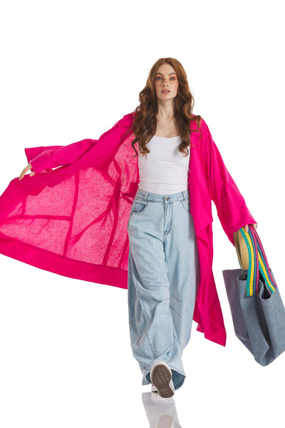 Patchwork Linen Cardigan In Fuchsia