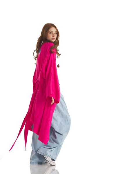 Patchwork Linen Cardigan In Fuchsia