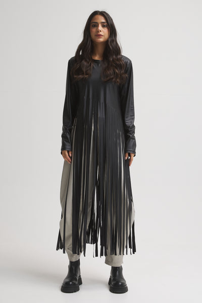 Asymmetrical Fringes Leather Look Top In Black