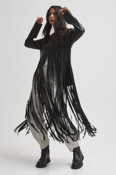 Asymmetrical Fringes Leather Look Top In Black