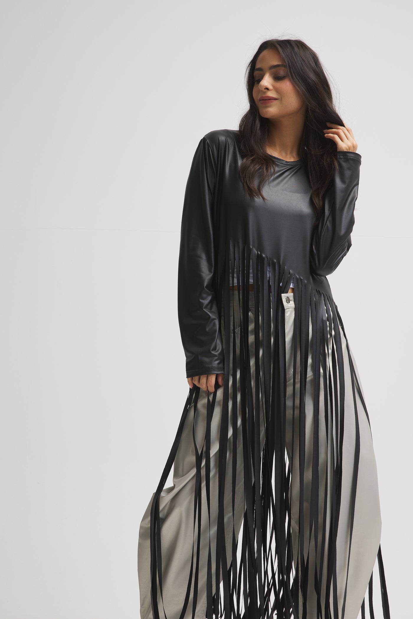 Asymmetrical Fringes Leather Look Top In Black