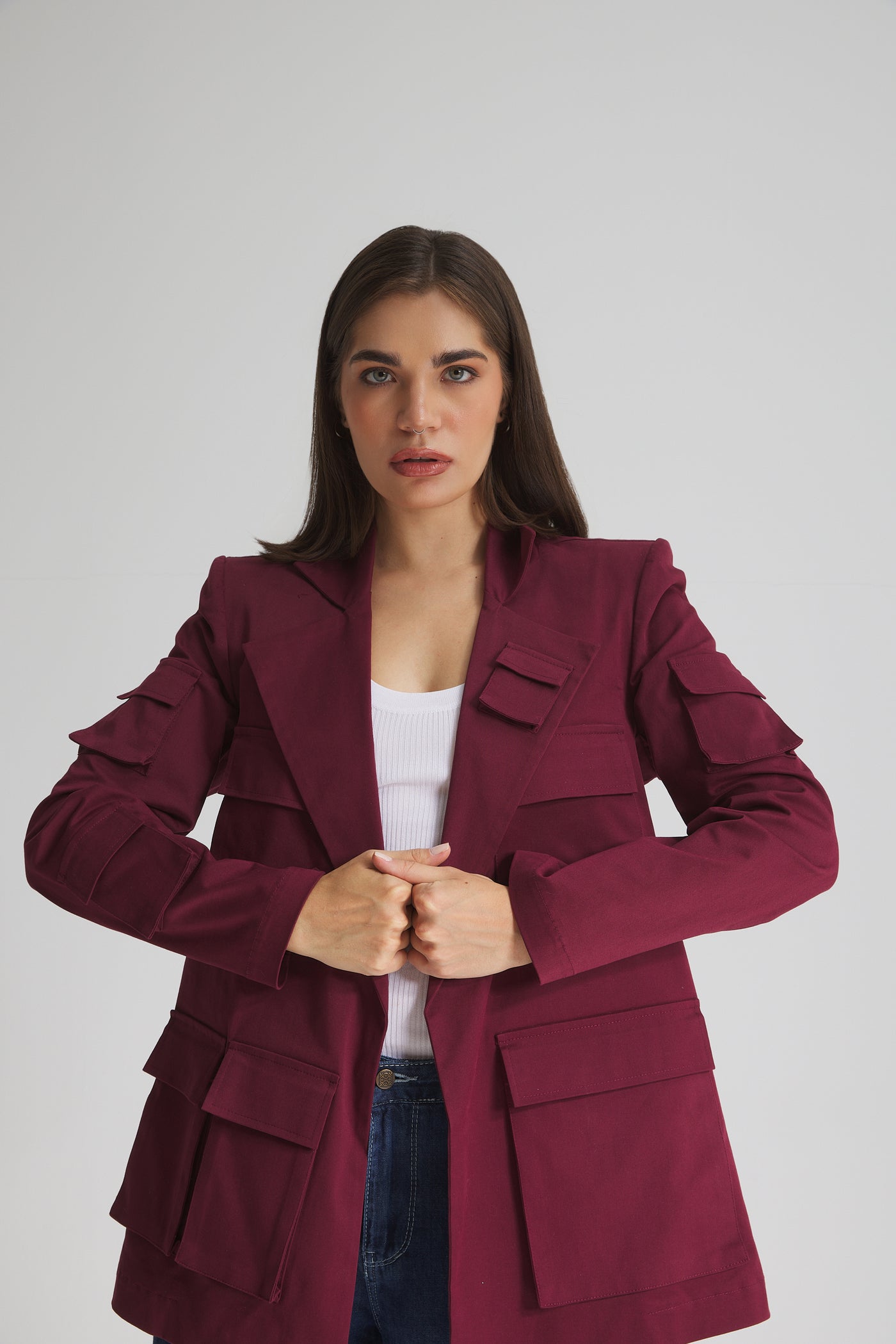 Multi Pockets Blazer In Burgundy