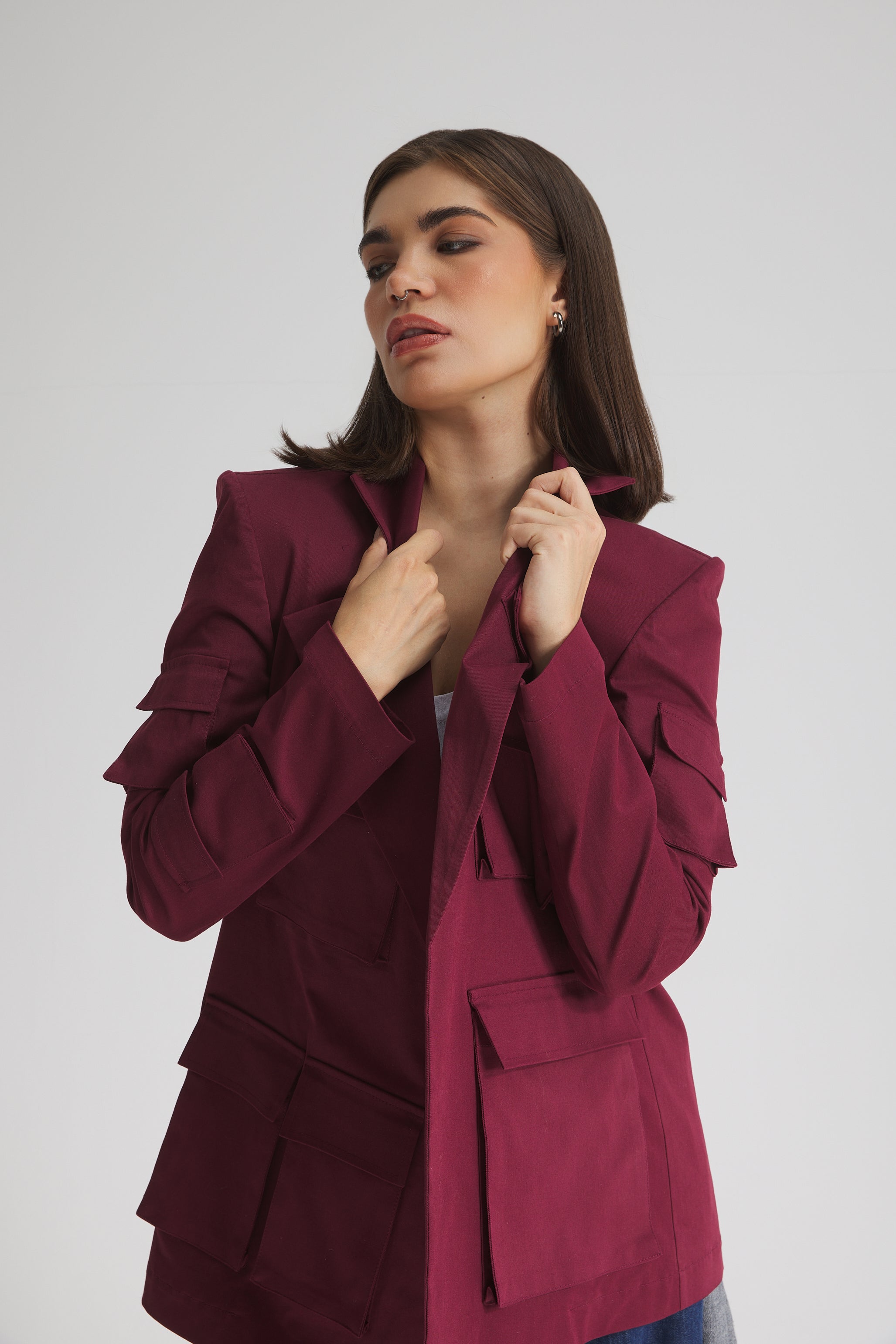 Multi Pockets Blazer In Burgundy