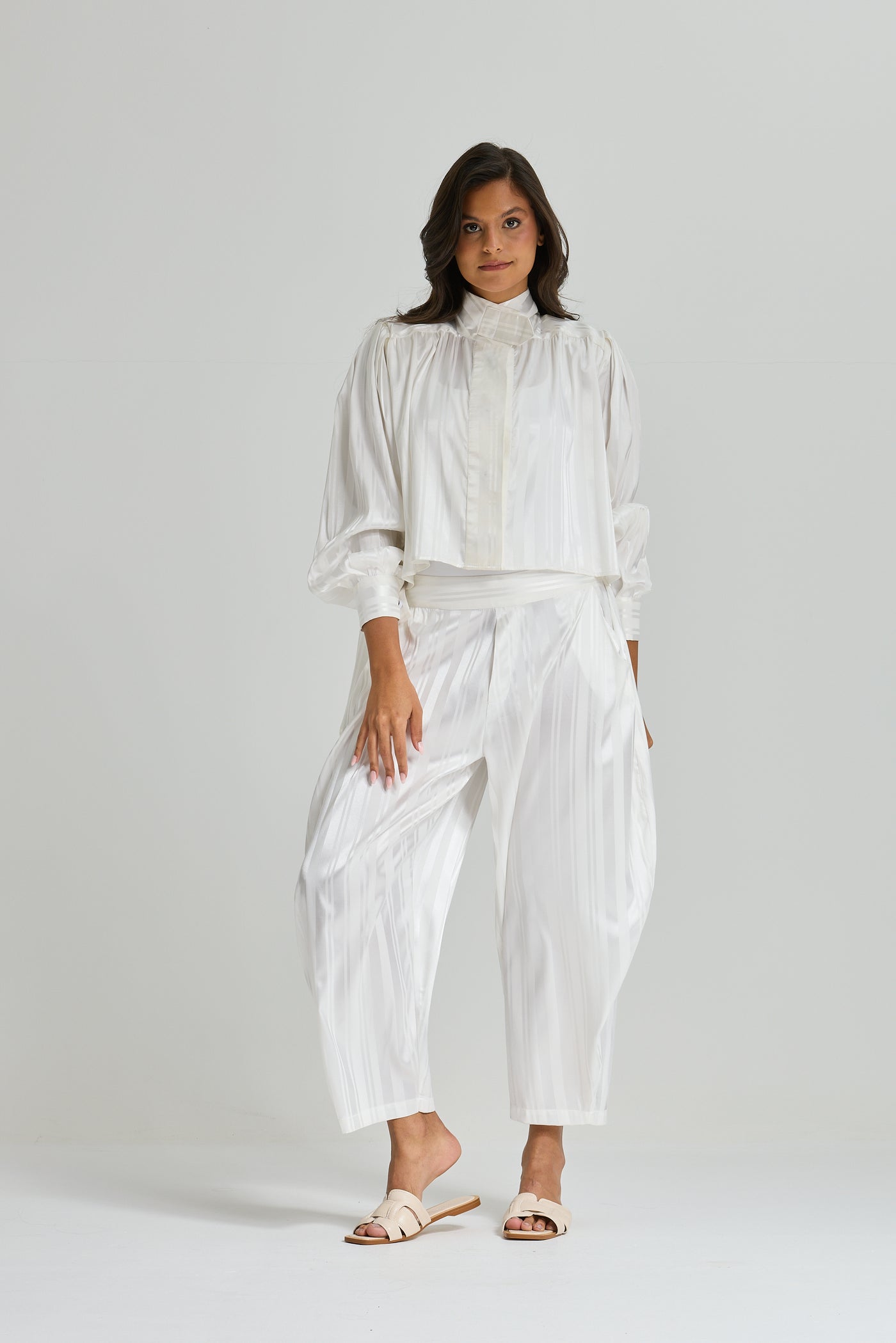 Striped Satin Set In White