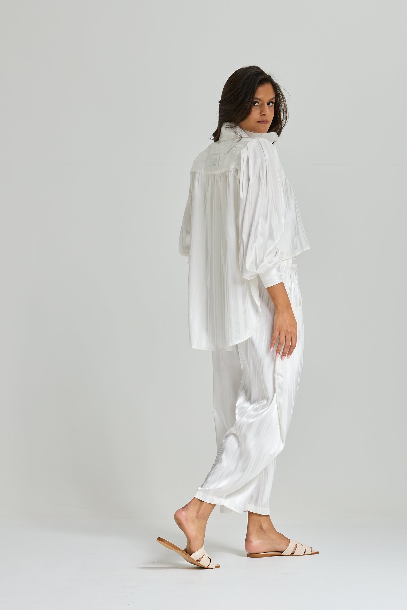 Striped Satin Set In White