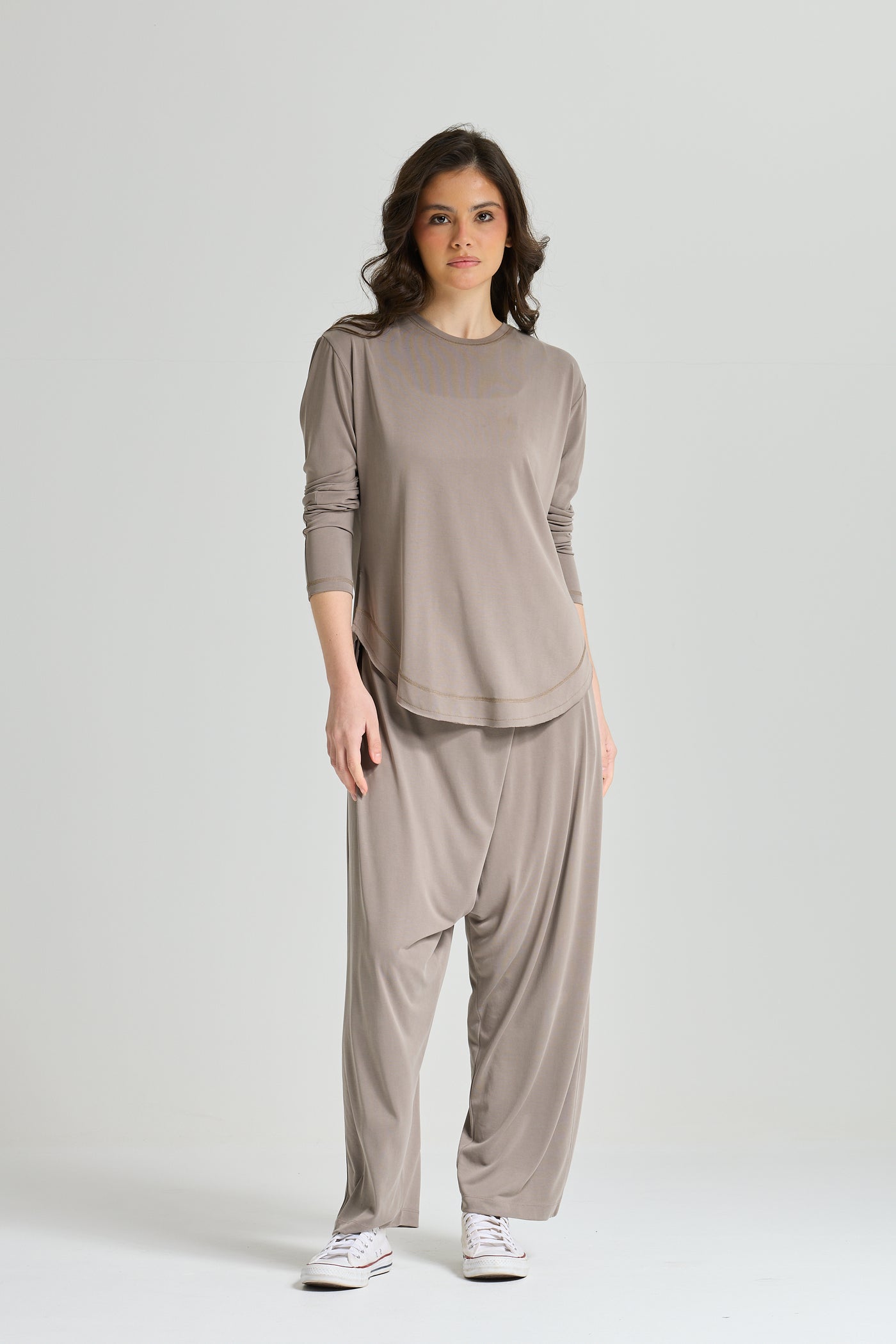 Basic Rounded Hem Lycra Top In grey