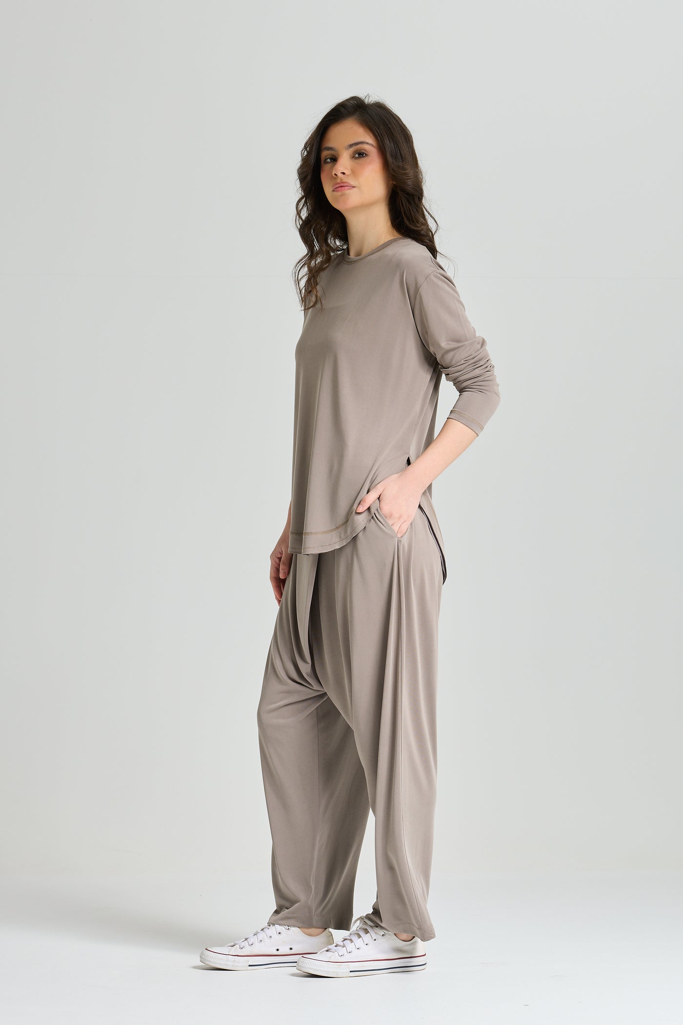 Basic Rounded Hem Lycra Top In grey