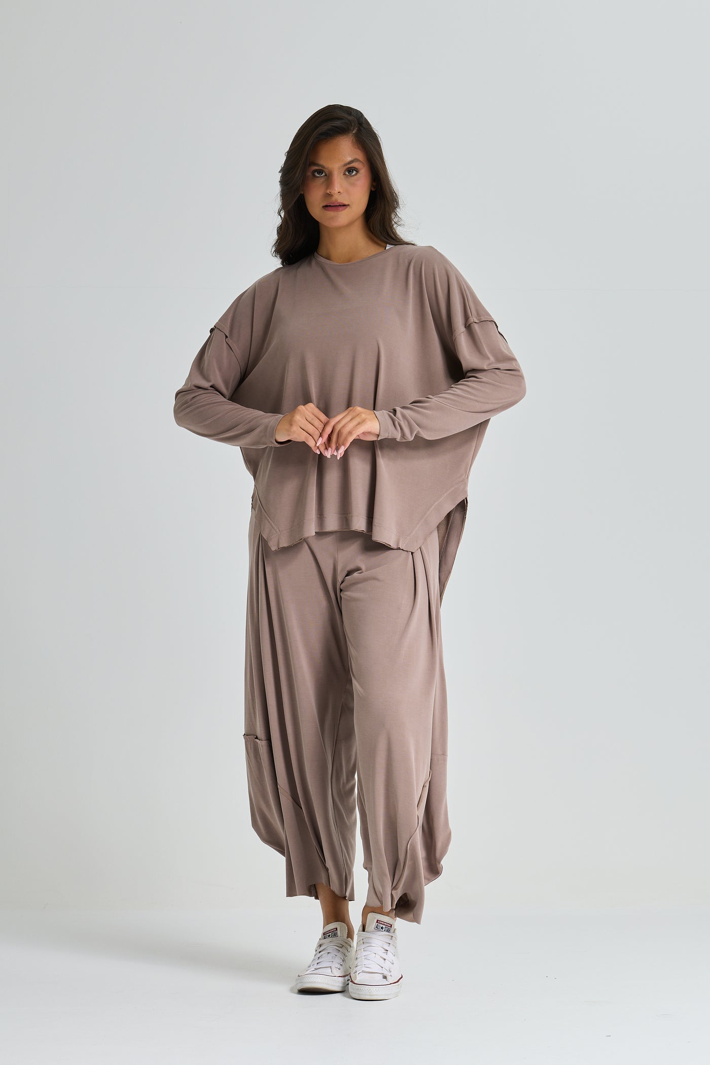 Oversize High Low Lycra Top In Coffee
