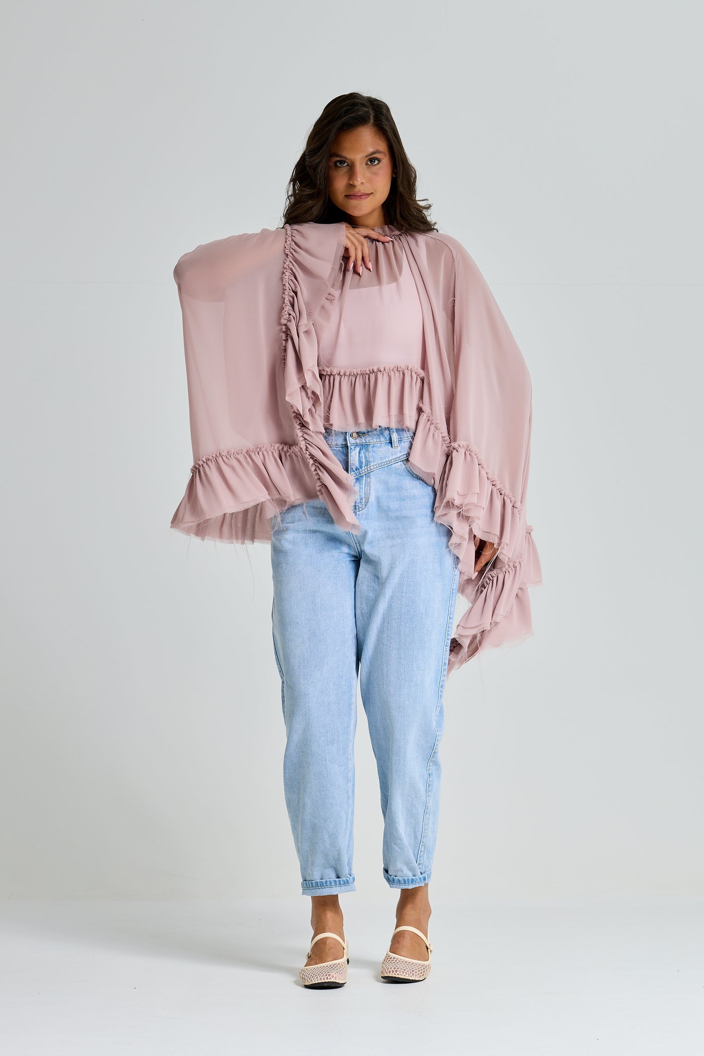 All Around Ruffle Top In Nude