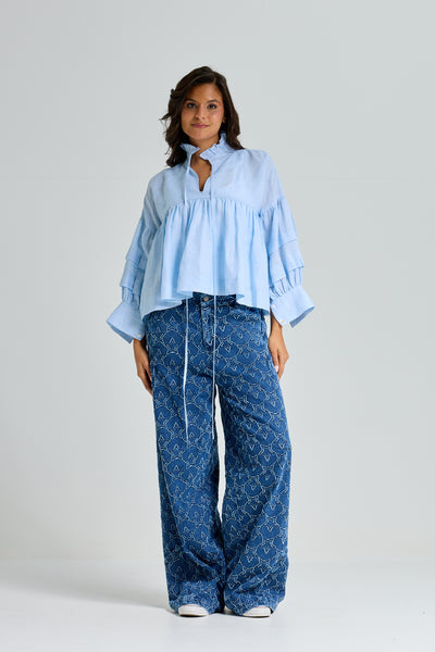 Linen Balloon Sleeves Top In Sky Blue
