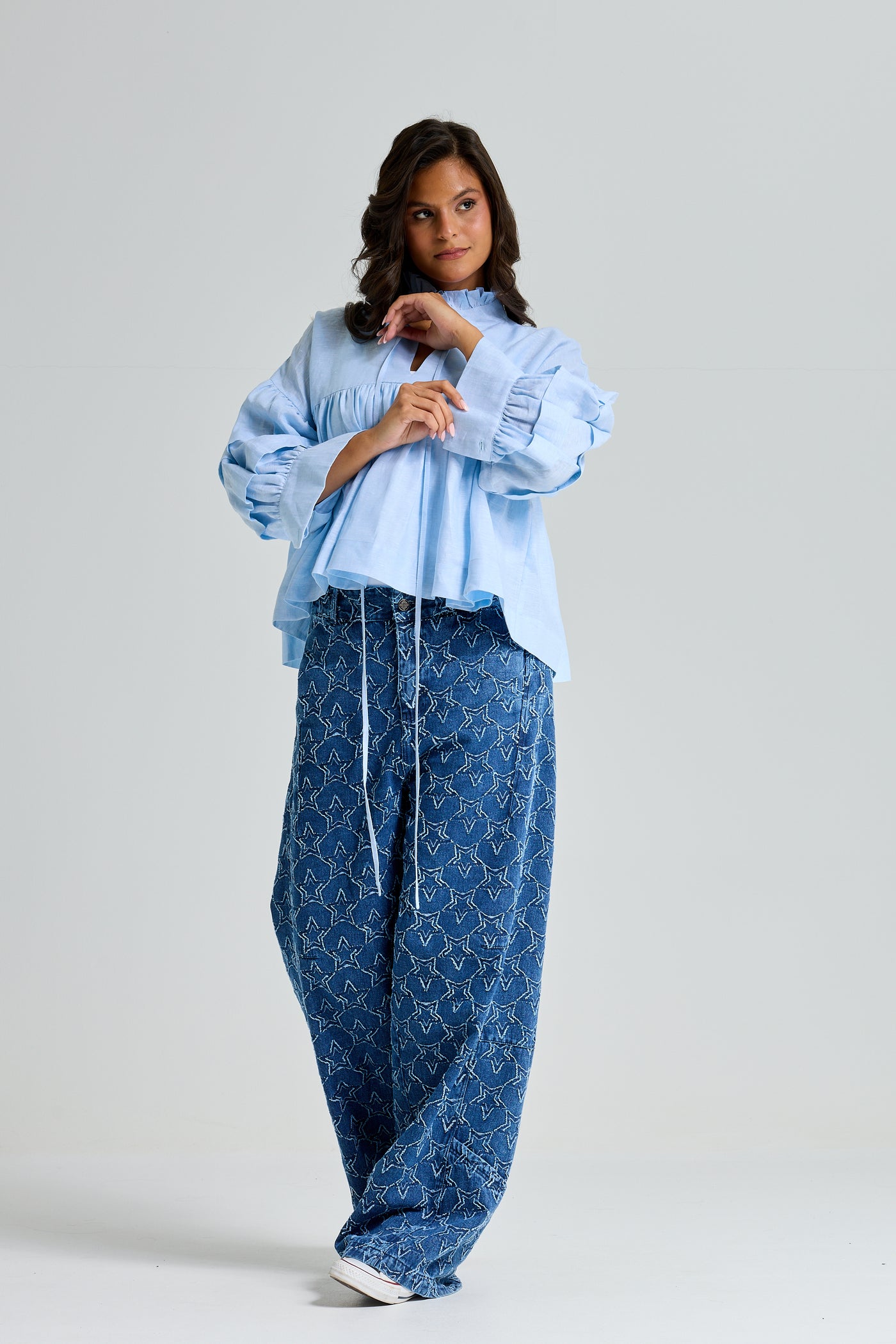 Linen Balloon Sleeves Top In Sky Blue