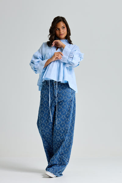 Linen Balloon Sleeves Top In Sky Blue