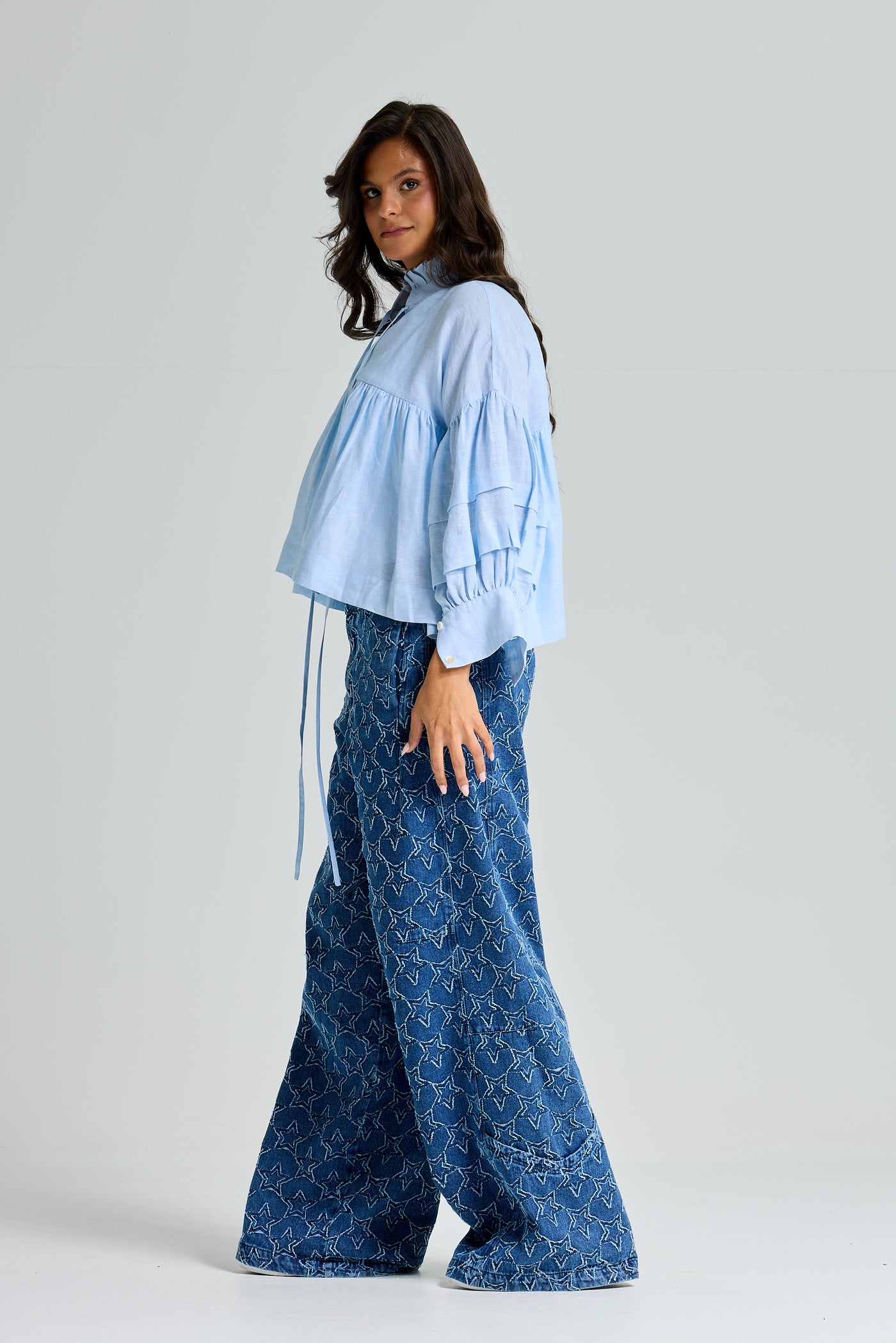 Linen Balloon Sleeves Top In Sky Blue
