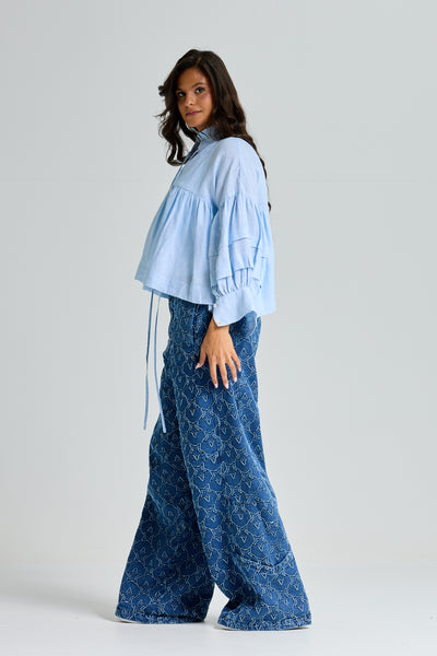 Linen Balloon Sleeves Top In Sky Blue
