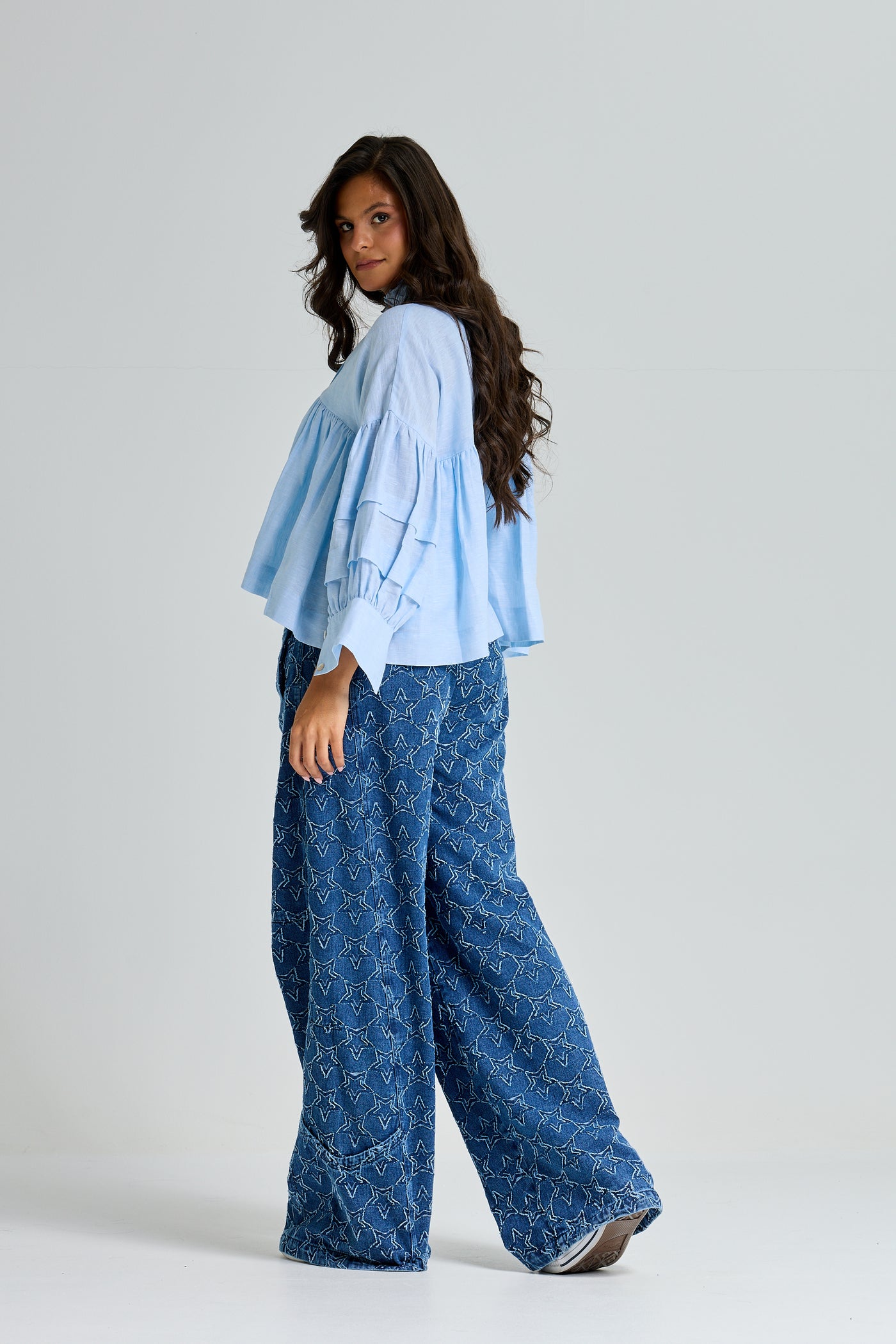 Linen Balloon Sleeves Top In Sky Blue