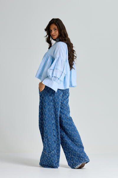 Linen Balloon Sleeves Top In Sky Blue