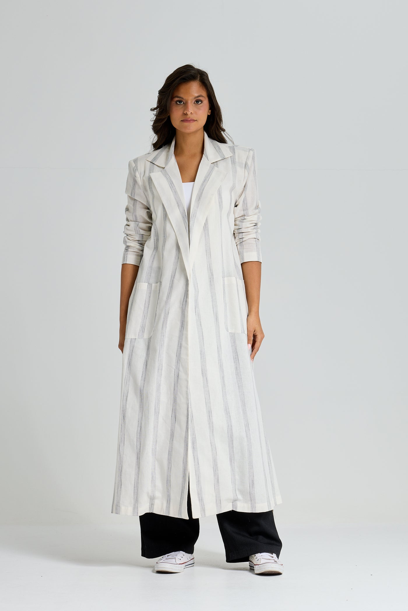 Maxi Linen Strippes Blazer In White