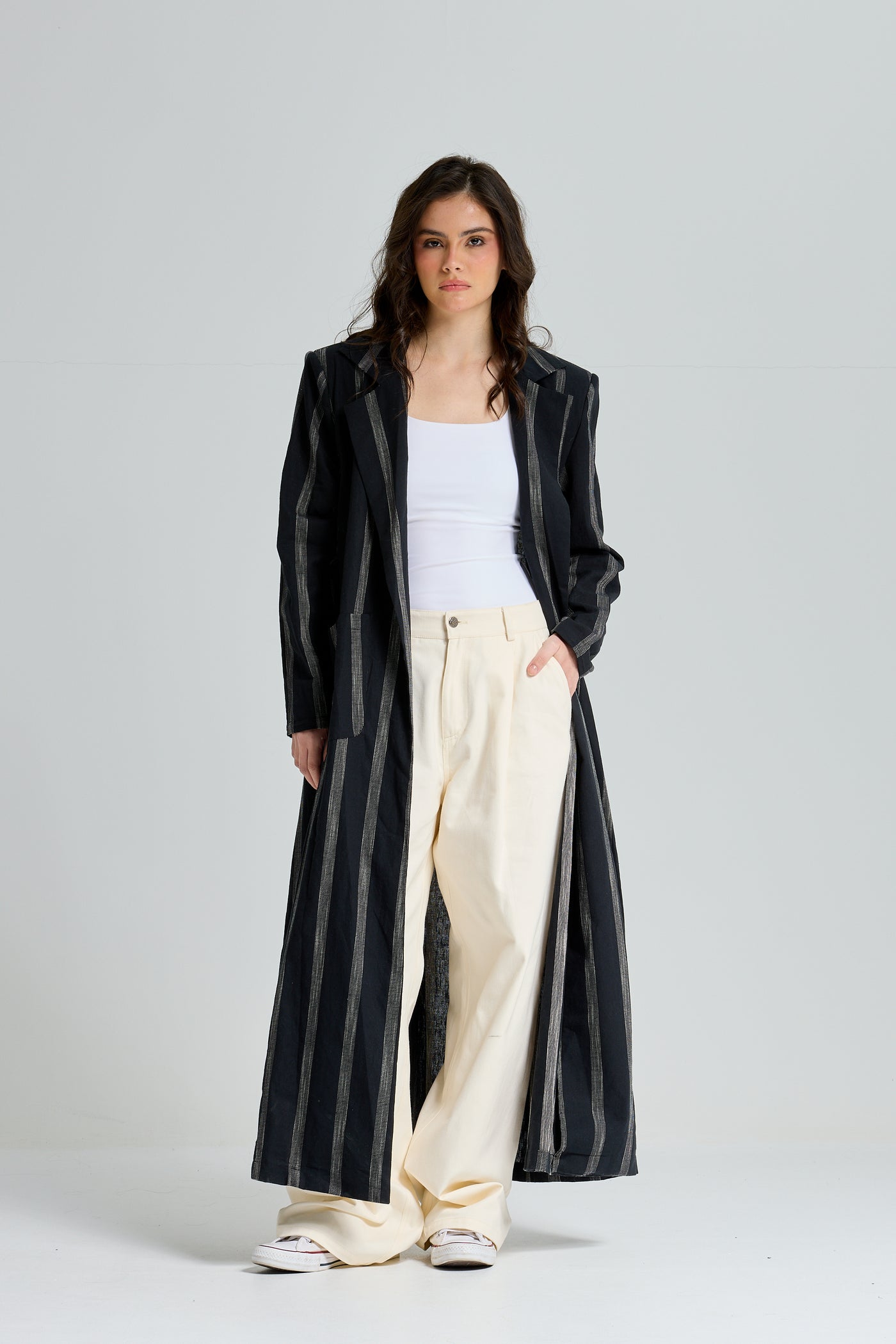 Maxi Linen Stripes Blazer In Black