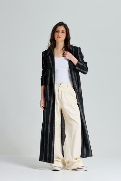 Maxi Linen Stripes Blazer In Black
