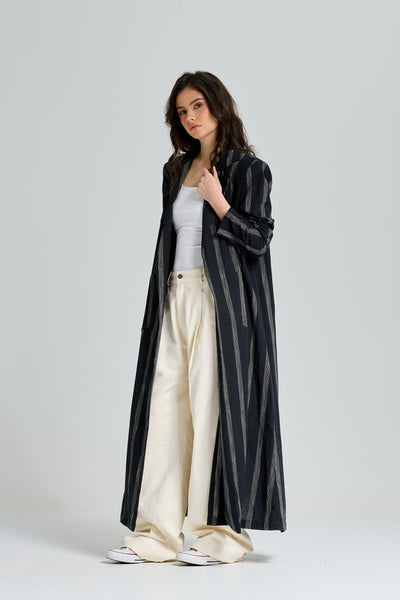 Maxi Linen Stripes Blazer In Black