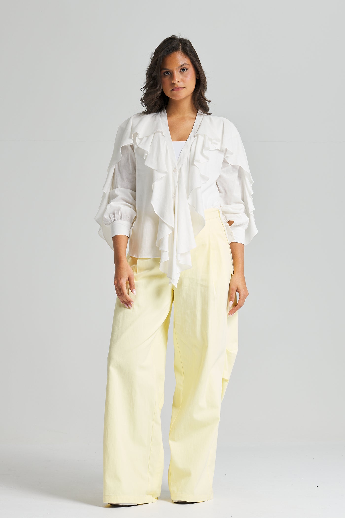 Linen Ruffle Top In Off White