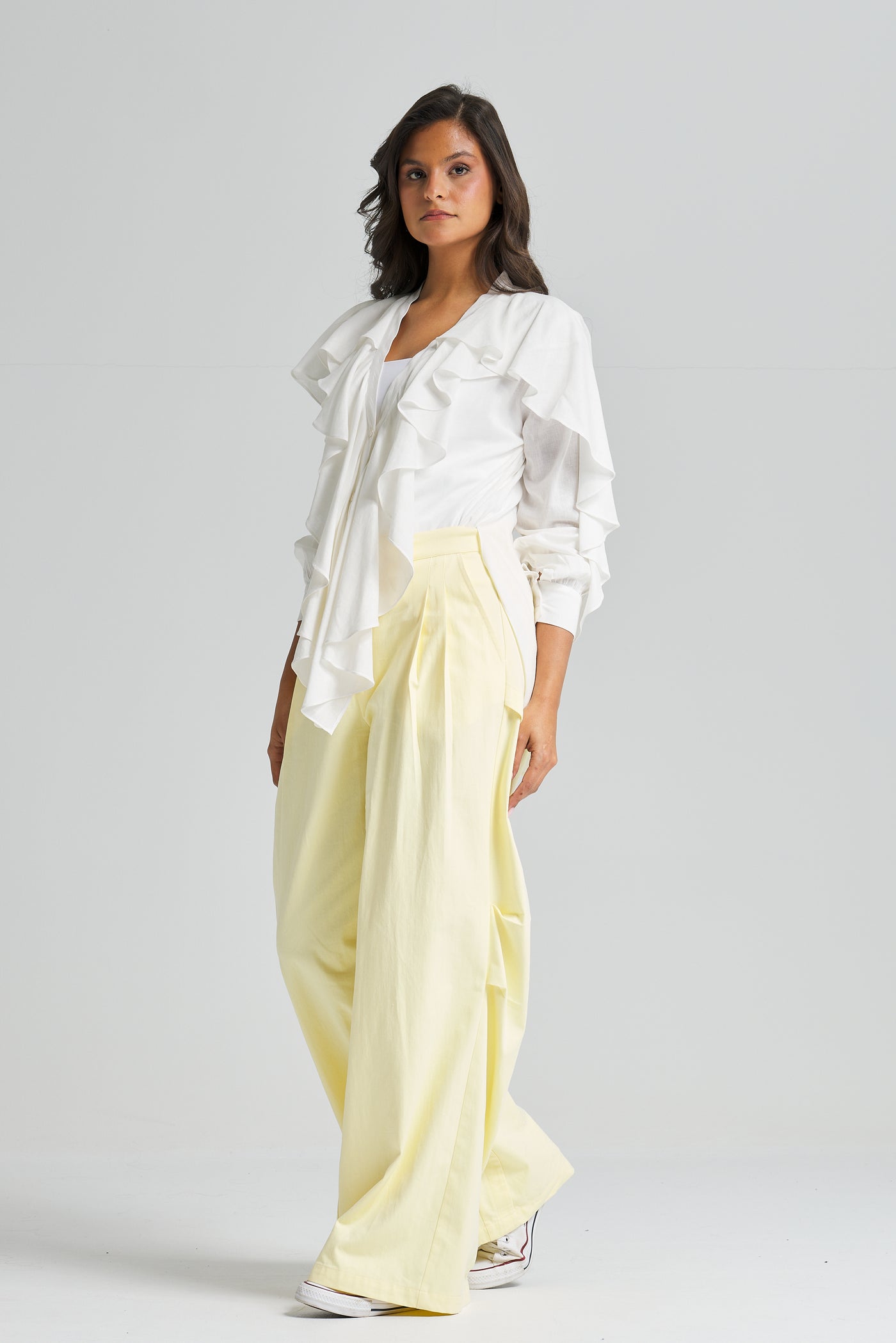 Linen Ruffle Top In Off White