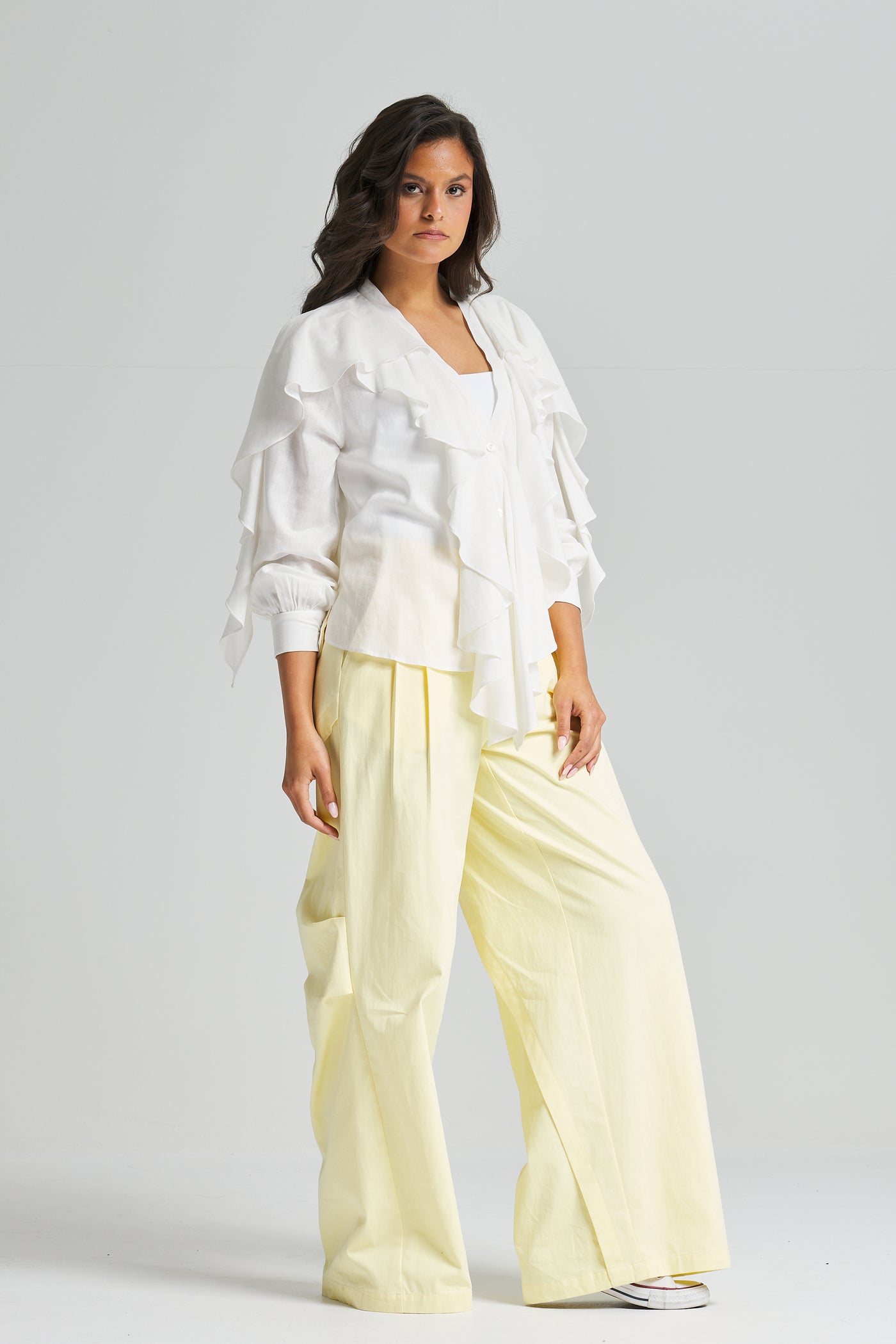 Linen Ruffle Top In Off White