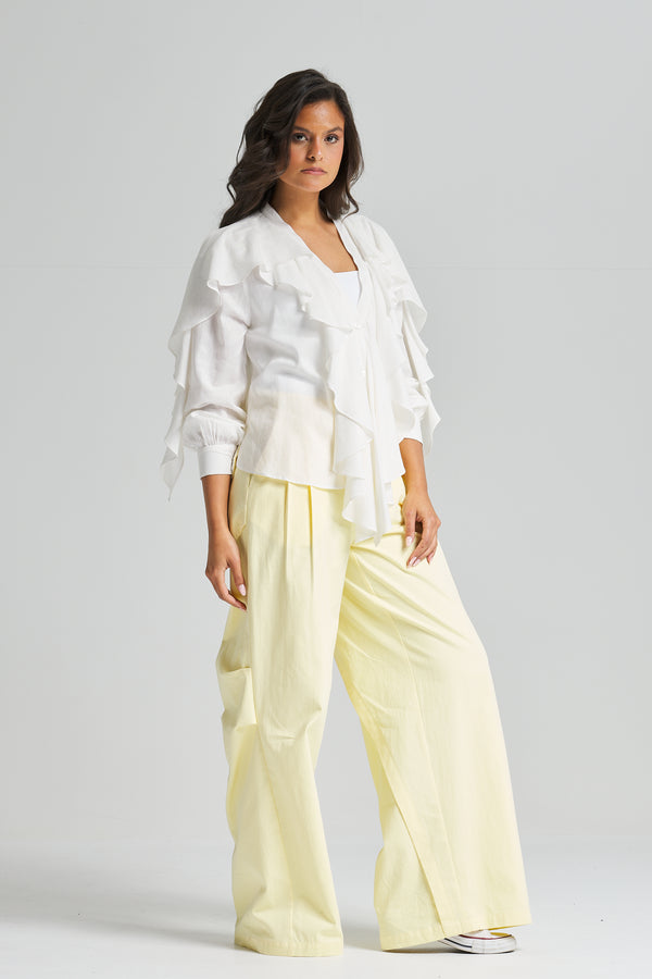 Linen Ruffle Top In Off White