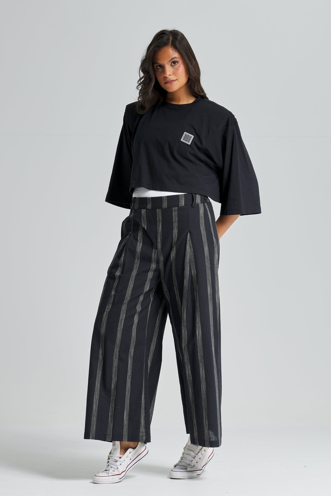 Stripped Tilted Zipper Cropped Pants