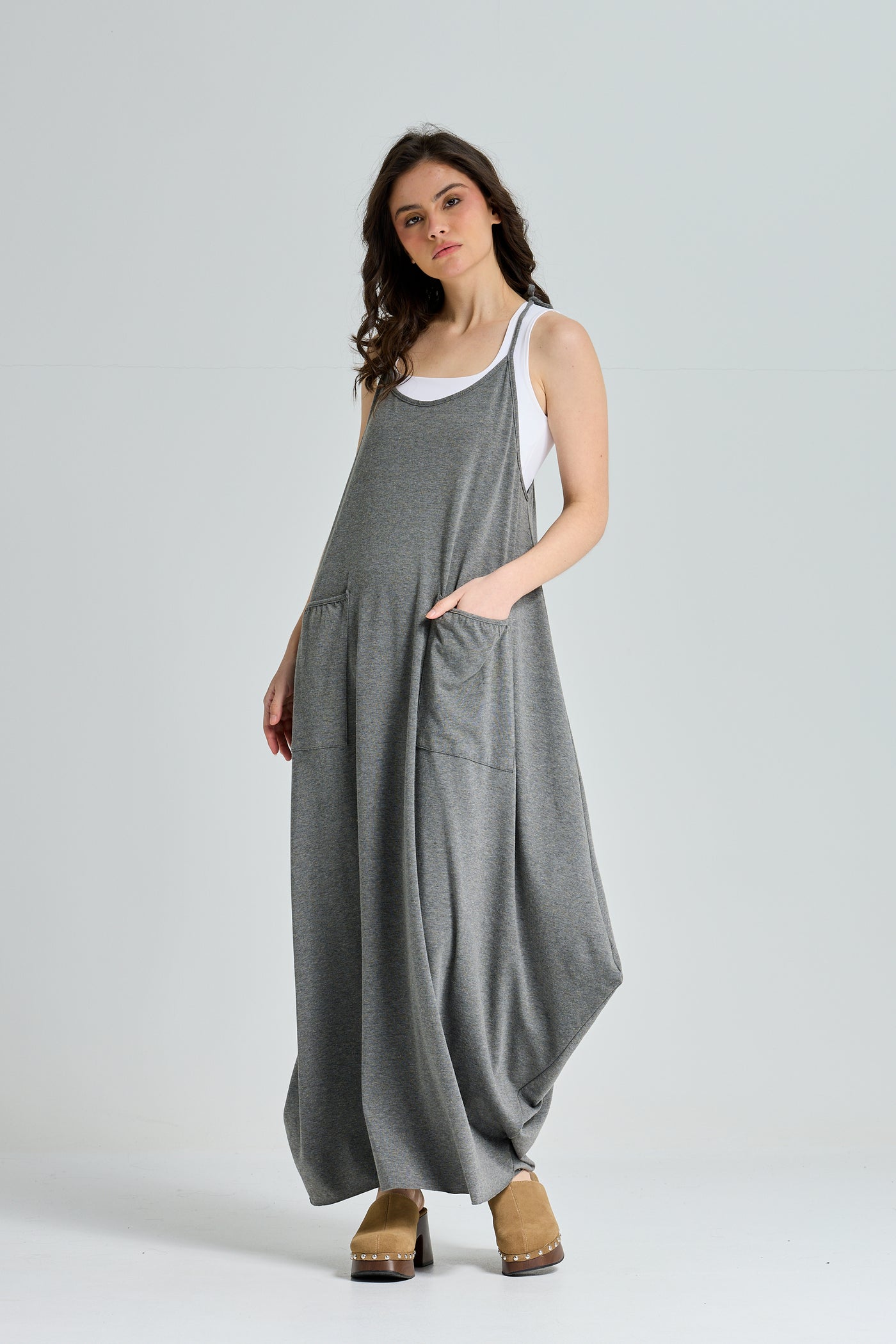 Strap Cotton Dress In Grey