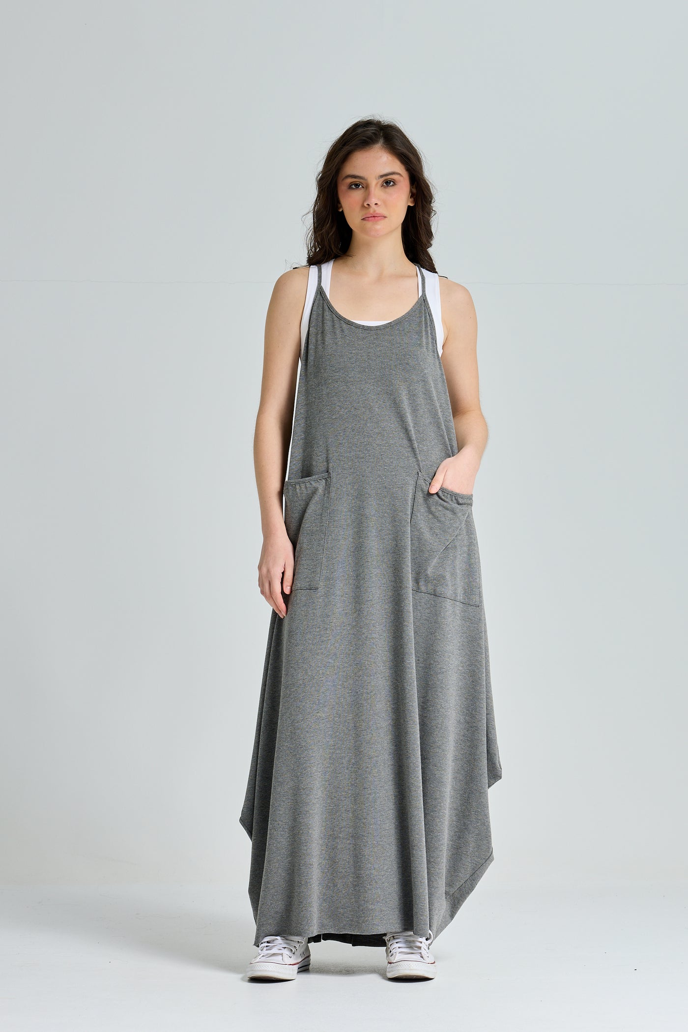 Strap Cotton Dress In Grey