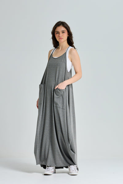 Strap Cotton Dress In Grey