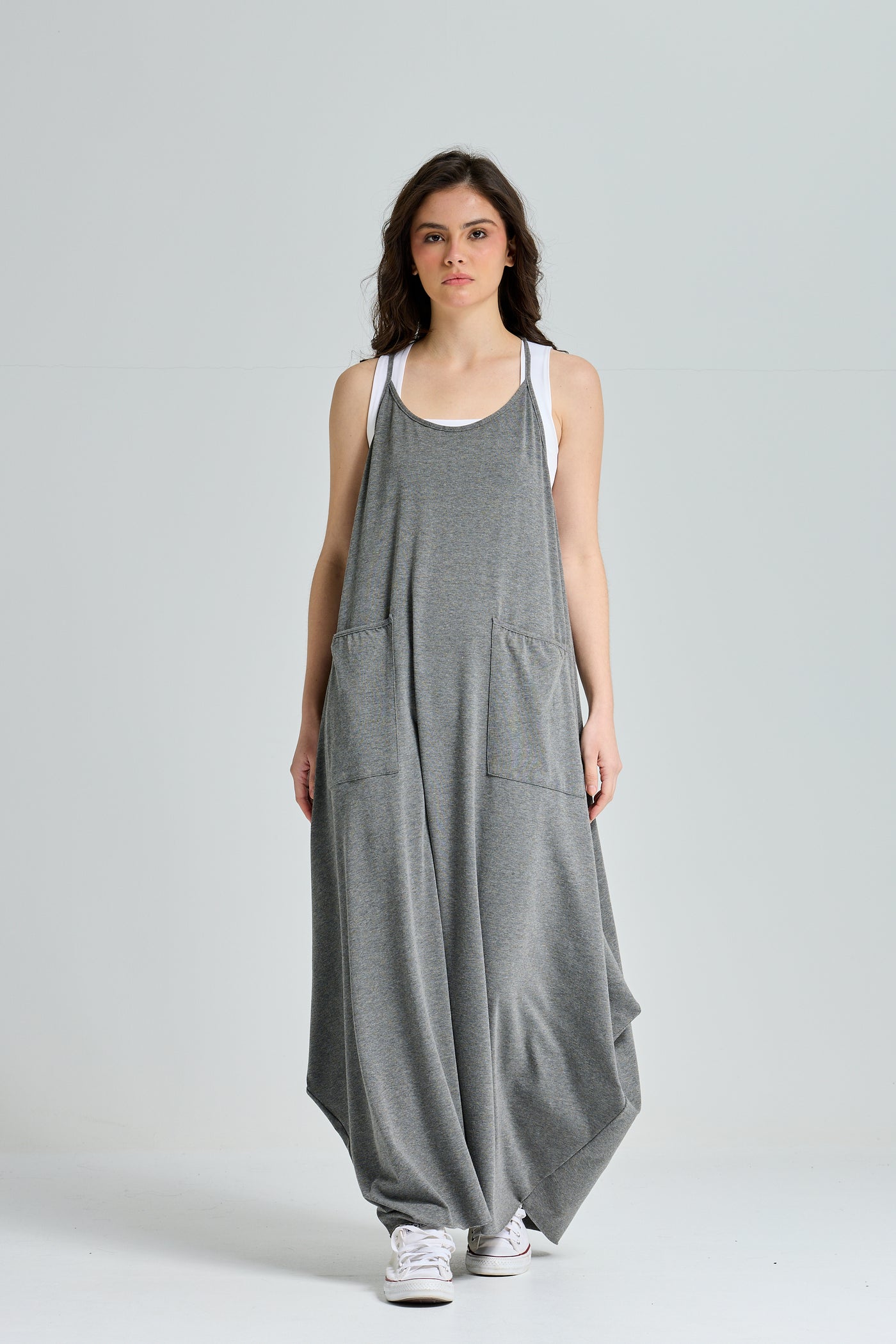 Strap Cotton Dress In Grey